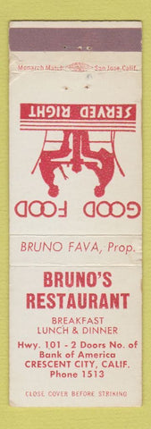 Matchbook Cover - Bruno's Restaurant Crescent City CA