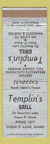 Matchbook Cover - Templin's Grill Coeur D'Alene ID