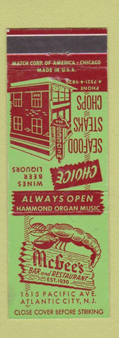 Matchbook Cover - McGee's Bar Restaurant Atlantic City NJ