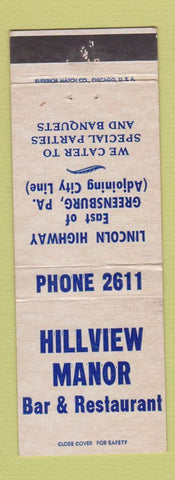 Matchbook Cover - Hillview Manor Bar Restaurant Greensburg PA