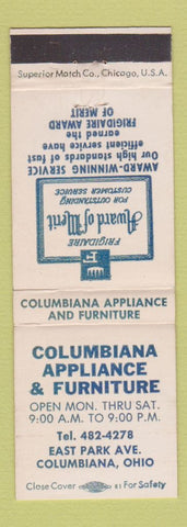 Matchbook Cover - Columbiana Appliance Furniture OH Frigidaire
