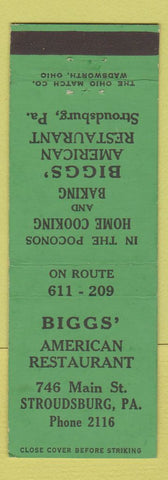 Matchbook Cover - Biggs' American Restaurant Stroudsburg PA
