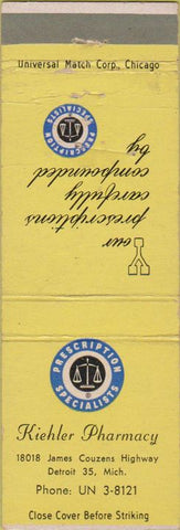 Matchbook Cover - Kiehler Pharmacy Drugs Detroit MI WEAR