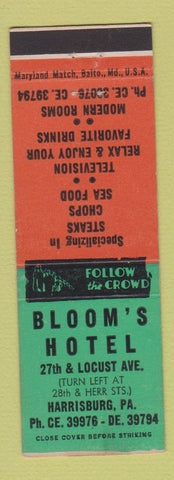 Matchbook Cover - Bloom's Hotel Harrisburg PA