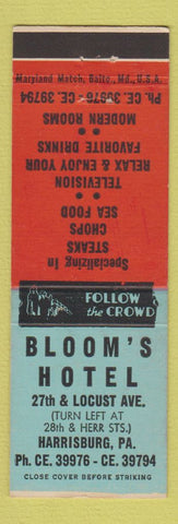 Matchbook Cover - Bloom's Hotel Harrisburg PA