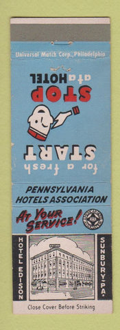 Matchbook Cover - Hotel Edison Sunbury PA bellhop