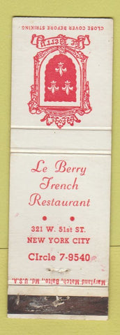 Matchbook Cover - Le Berry French Restaurant New York City WEAR