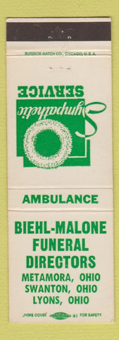 Matchbook Cover - Biehl Malone Funeral Home Lyons Swanton Metamora OH