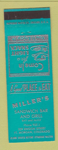 Matchbook Cover - Miller's Sandwich Bar Grill Fort Morgan Colorado