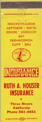 Matchbook Cover - Ruth Houser Insurance Three Rivers CA