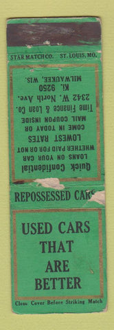Matchbook Cover - Used Cars Time Finance Milwaukee WI STAR LONG POOR