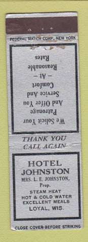 Matchbook Cover - Hotel Johnston Loyal WI FEDERAL LONG