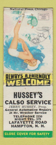 Matchbook Cover - Hussey's Calso oil gas Hampton NH pinup WORN BOBTAIL