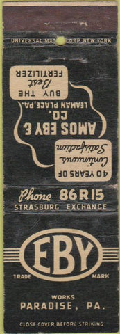 Matchbook Cover - EBY Works Paradise PA fertilizer Leaman Place WEAR
