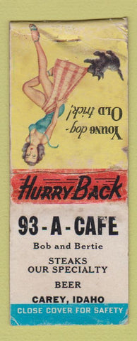 Matchbook Cover - 93 A Cafe Carey ID pinup WORN BOBTAIL