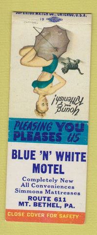 Matchbook Cover - Blue n White Motel Mount Bethel PA pinup BOBTAIL