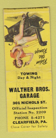 Matchbook Cover - Walther Bros Garage Clearfield PA pinup BOBTAIL