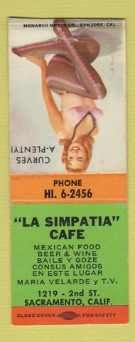 Matchbook Cover - La Simpatia Cafe Sacramento CA pinup Mexican BOBTAIL