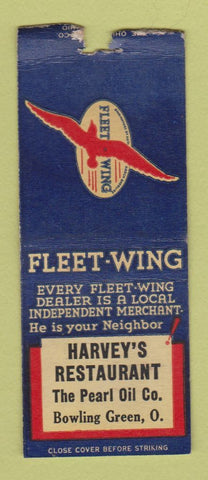 Matchbook Cover Fleet Wing oil gas Harvey's Restaurant Bowling Green OH BOBTAIL