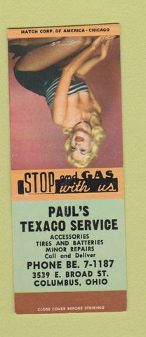 Matchbook Cover - Paul's Texaco oil gas Columbus OH pinup BOBTAIL