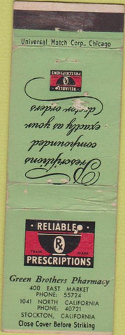 Matchbook Cover - Green Brothers Drugs Stockton CA WORN