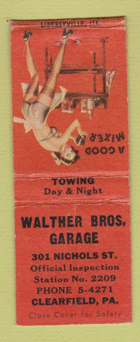 Matchbook Cover - Walther Bros Garage Clearfield PA pinup BOBTAIL