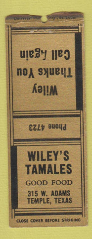Matchbook Cover - Wiley's Tamales Temple TX BOBTAIL