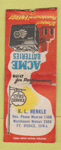 Matchbook Cover - Cities oil gas HL Henkle Fort Dodge IA BOBTAIL