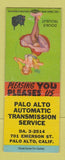 Matchbook Cover - Palo Alto Auto Transmission Service CA pinup BOBTAIL