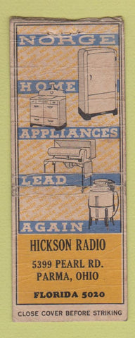 Matchbook Cover - Hickson Radio Norge Appliance Parma OH WORN BOBTAIL
