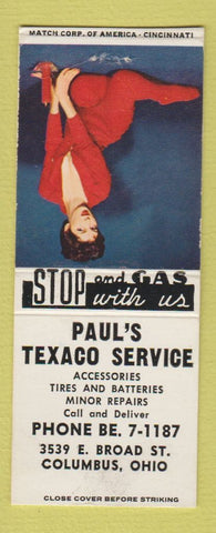 Matchbook Cover - Paul's Texaco oil gas Columbus OH pinup BOBTAIL