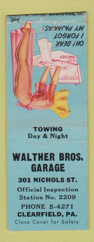 Matchbook Cover - Walther Bros Garage Clearfield PA pinup BOBTAIL