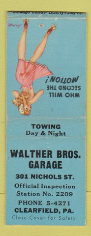 Matchbook Cover - Walther Bros Garage Clearfield PA pinup BOBTAIL
