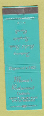 Matchbook Cover - Mazza's Restaurant City of Industry CA