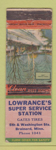 Matchbook Cover - Lowrance's oil gas Gates Tires Brainerd MN WORN