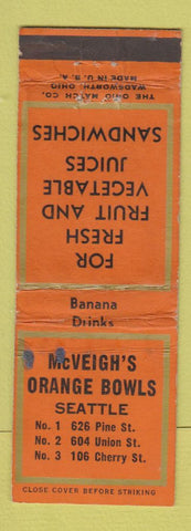 Matchbook Cover - McVeigh's Orange Bowls Seattle WA WORN