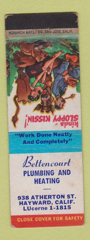 Matchbook Cover - Bettencourt Plumbing Heating Hayward CA hillbilly WEAR