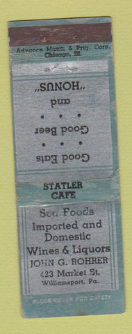 Matchbook Cover - Statler Cafe Williamsport PA ADVANCE WEAR