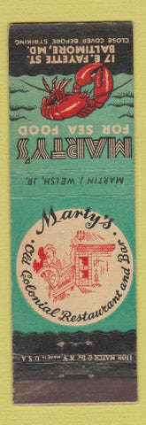 Matchbook Cover - Marty's Seafood Restaurant Baltimore MD