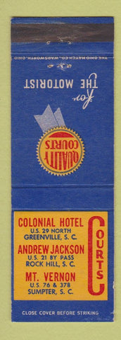 Matchbook Cover - Colonial Hotel Greenville SC Rock Hill Sumpter