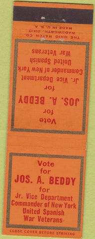 Matchbook Cover - Election Jos A Beddy Dept Commander Ware Veterans
