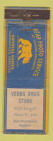 Matchbook Cover - Verns Drug Store Bear Photo Service WORN