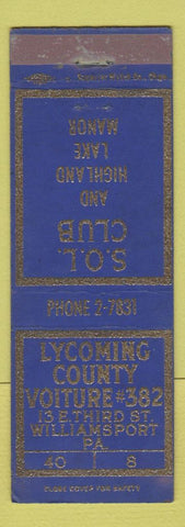 Matchbook Cover - Lycoming County Voiture 382 SOL Club Williamsport PA