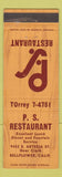 Matchbook Cover - PS Restaurant Bellflower CA