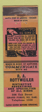 Matchbook Cover - RA Rottweiler Advertising Grand Forks ND