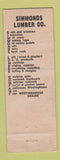 Matchbook Cover - Simmonds Lumber Sun Valley CA WORN