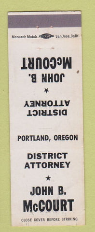 Matchbook Cover - John B McCourt District Attorney Election Portland OR WEAR