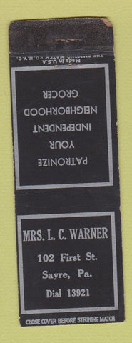 Matchbook Cover - Mrs LC Warner Grocery Sayre PA WORN