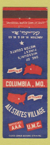 Matchbook Cover - All States Village motel Columbia MO