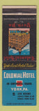 Matchbook Cover - Colonial Hotel York PA